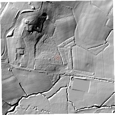 Shaded relief map of the ground around EX51QG, computed from Environment Agency LiDAR. The ground here sits at about 19 m above sea level and falls 25 m across the surrounding 800 m. Surface water reaching this point runs off ground lying to the north-north-west, 19.0 m higher.