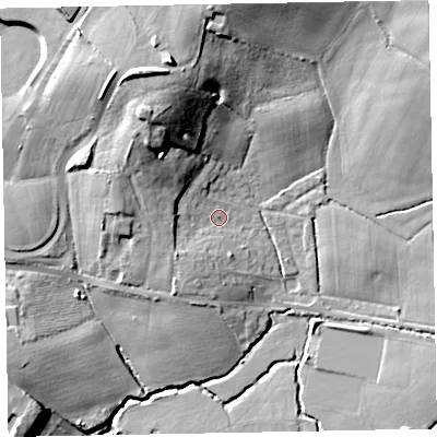 Shaded relief map of the ground around EX51QJ, computed from Environment Agency LiDAR. The ground here sits at about 19 m above sea level and falls 24 m across the surrounding 800 m. Surface water reaching this point runs off ground lying to the north-north-west, 16.4 m higher.