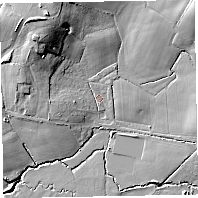 Shaded relief map of the ground around EX51QP, computed from Environment Agency LiDAR. The ground here sits at about 19 m above sea level and falls 25 m across the surrounding 800 m. Surface water reaching this point runs off ground lying to the north-west, 19.1 m higher.