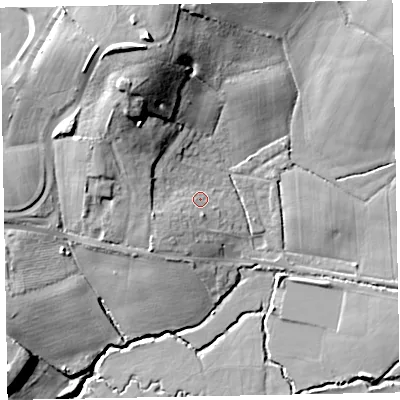 Shaded relief map of the ground around EX51QW, computed from Environment Agency LiDAR. The ground here sits at about 20 m above sea level and falls 25 m across the surrounding 800 m. Surface water reaching this point runs off ground lying to the south-west, 3.7 m higher.