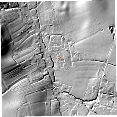 Shaded relief map of the ground around EX51RA, computed from Environment Agency LiDAR. The ground here sits at about 60 m above sea level and falls 32 m across the surrounding 800 m. Surface water reaching this point runs off ground lying to the east, 20.9 m higher.