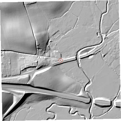 Shaded relief map of the ground around EX52AA, computed from Environment Agency LiDAR. The ground here sits at about 10 m above sea level and falls 21 m across the surrounding 800 m. Surface water reaching this point runs off ground lying to the west, 11.4 m higher.