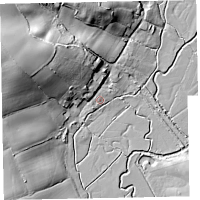 Shaded relief map of the ground around EX52AF, computed from Environment Agency LiDAR. The ground here sits at about 8 m above sea level and falls 29 m across the surrounding 800 m. Surface water reaching this point runs off ground lying to the north, 2.8 m higher.