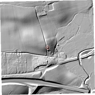 Shaded relief map of the ground around EX52AP, computed from Environment Agency LiDAR. The ground here sits at about 19 m above sea level and falls 25 m across the surrounding 800 m. Surface water reaching this point runs off ground lying to the west-north-west, 6.5 m higher.