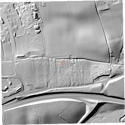 Shaded relief map of the ground around EX52AR, computed from Environment Agency LiDAR. The ground here sits at about 25 m above sea level and falls 32 m across the surrounding 800 m. Surface water reaching this point runs off ground lying to the west, 13.5 m higher.