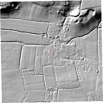 Shaded relief map of the ground around EX52EQ, computed from Environment Agency LiDAR. The ground here sits at about 28 m above sea level and falls 23 m across the surrounding 800 m. Surface water reaching this point runs off ground lying to the south-east, 8.2 m higher.