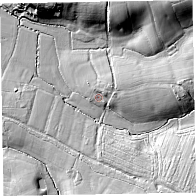 Shaded relief map of the ground around EX52ER, computed from Environment Agency LiDAR. The ground here sits at about 42 m above sea level and falls 27 m across the surrounding 800 m. Surface water reaching this point runs off ground lying to the east-north-east, 4.9 m higher.