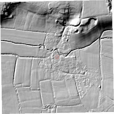 Shaded relief map of the ground around EX52EW, computed from Environment Agency LiDAR. The ground here sits at about 28 m above sea level and falls 24 m across the surrounding 800 m. Surface water reaching this point runs off ground lying to the north-east, 20.3 m higher.