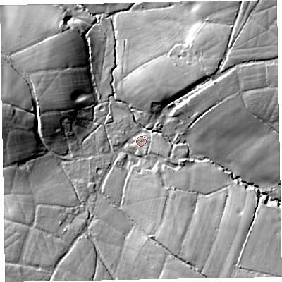 Shaded relief map of the ground around EX52EX, computed from Environment Agency LiDAR. The ground here sits at about 63 m above sea level and falls 32 m across the surrounding 800 m. Surface water reaching this point runs off ground lying to the south-south-east, 10.7 m higher.