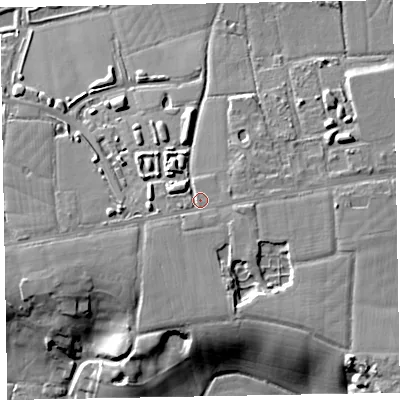 Shaded relief map of the ground around EX52FP, computed from Environment Agency LiDAR. The ground here sits at about 42 m above sea level and falls 24 m across the surrounding 800 m. Surface water reaching this point runs off ground lying to the south-south-east, 5.6 m higher.
