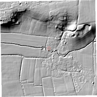 Shaded relief map of the ground around EX52HF, computed from Environment Agency LiDAR. The ground here sits at about 27 m above sea level and falls 23 m across the surrounding 800 m. Surface water reaching this point runs off ground lying to the east-north-east, 19.3 m higher.