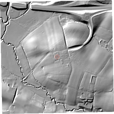 Shaded relief map of the ground around EX52HN, computed from Environment Agency LiDAR. The ground here sits at about 24 m above sea level and falls 22 m across the surrounding 800 m. Surface water reaching this point runs off ground lying to the east-north-east, 2.6 m higher.