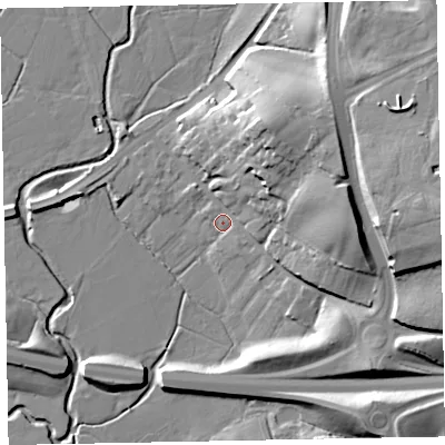 Shaded relief map of the ground around EX52LZ, computed from Environment Agency LiDAR. The ground here sits at about 10 m above sea level and falls 24 m across the surrounding 800 m. Surface water reaching this point runs off ground lying to the east, 17.3 m higher.