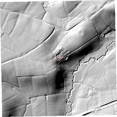 Shaded relief map of the ground around EX52PD, computed from Environment Agency LiDAR. The ground here sits at about 45 m above sea level and falls 29 m across the surrounding 800 m. Surface water reaching this point runs off ground lying to the south-west, 9.6 m higher.