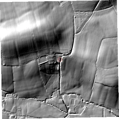 Shaded relief map of the ground around EX52PZ, computed from Environment Agency LiDAR. The ground here sits at about 52 m above sea level and falls 30 m across the surrounding 800 m. Surface water reaching this point runs off ground lying to the north-north-west, 6.8 m higher.