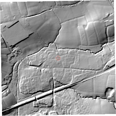 Shaded relief map of the ground around EX52QA, computed from Environment Agency LiDAR. The ground here sits at about 49 m above sea level and falls 21 m across the surrounding 800 m. Surface water reaching this point runs off ground lying to the south-east, 2.0 m higher.