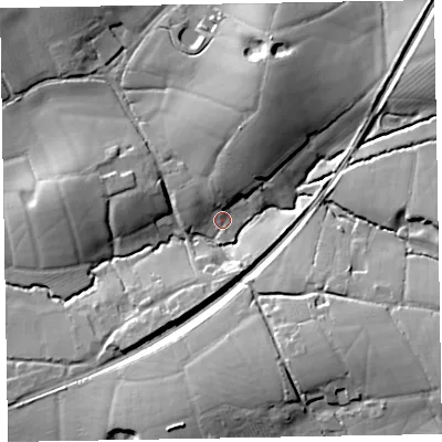 Shaded relief map of the ground around EX52QY, computed from Environment Agency LiDAR. The ground here sits at about 53 m above sea level and falls 25 m across the surrounding 800 m. Surface water reaching this point runs off ground lying to the north-north-east, 18.1 m higher.