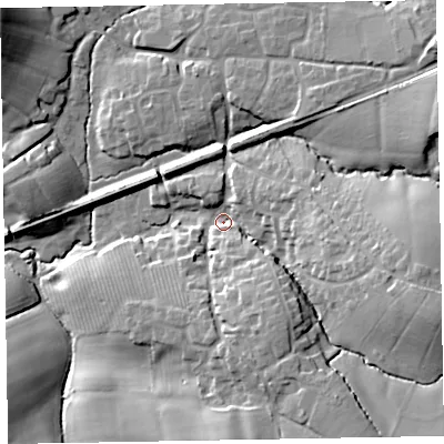 Shaded relief map of the ground around EX52SL, computed from Environment Agency LiDAR. The ground here sits at about 46 m above sea level and falls 27 m across the surrounding 800 m. Surface water reaching this point runs off ground lying to the east-south-east, 21.1 m higher.