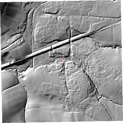 Shaded relief map of the ground around EX52SN, computed from Environment Agency LiDAR. The ground here sits at about 45 m above sea level and falls 29 m across the surrounding 800 m. Surface water reaching this point runs off ground lying to the east-south-east, 21.4 m higher.