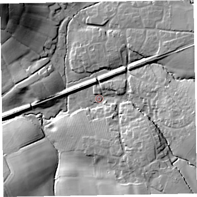 Shaded relief map of the ground around EX52SP, computed from Environment Agency LiDAR. The ground here sits at about 44 m above sea level and falls 37 m across the surrounding 800 m. Surface water reaching this point runs off ground lying to the east-south-east, 19.9 m higher.