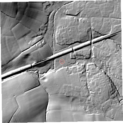 Shaded relief map of the ground around EX52SQ, computed from Environment Agency LiDAR. The ground here sits at about 44 m above sea level and falls 38 m across the surrounding 800 m. Surface water reaching this point runs off ground lying to the east, 16.2 m higher.