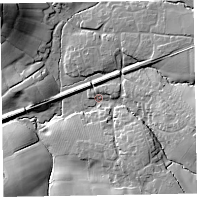 Shaded relief map of the ground around EX52SR, computed from Environment Agency LiDAR. The ground here sits at about 45 m above sea level and falls 35 m across the surrounding 800 m. Surface water reaching this point runs off ground lying to the east-south-east, 20.8 m higher.