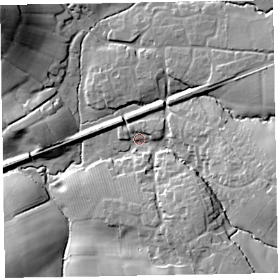 Shaded relief map of the ground around EX52SS, computed from Environment Agency LiDAR. The ground here sits at about 46 m above sea level and falls 32 m across the surrounding 800 m. Surface water reaching this point runs off ground lying to the east-south-east, 20.8 m higher.