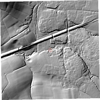 Shaded relief map of the ground around EX52SW, computed from Environment Agency LiDAR. The ground here sits at about 44 m above sea level and falls 32 m across the surrounding 800 m. Surface water reaching this point runs off ground lying to the east-south-east, 18.8 m higher.