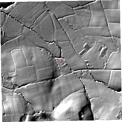 Shaded relief map of the ground around EX52TJ, computed from Environment Agency LiDAR. The ground here sits at about 75 m above sea level and falls 61 m across the surrounding 800 m. Surface water reaching this point runs off ground lying to the south-east, 43.4 m higher.