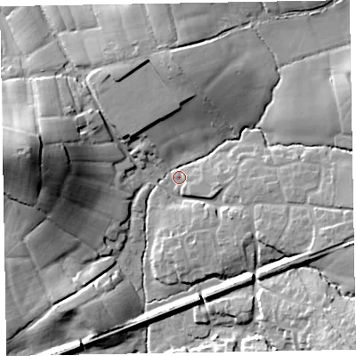 Shaded relief map of the ground around EX52TT, computed from Environment Agency LiDAR. The ground here sits at about 46 m above sea level and falls 38 m across the surrounding 800 m. Surface water reaching this point runs off ground lying to the west, 35.1 m higher.