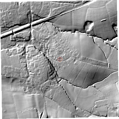 Shaded relief map of the ground around EX52TW, computed from Environment Agency LiDAR. The ground here sits at about 58 m above sea level and falls 29 m across the surrounding 800 m. Surface water reaching this point runs off ground lying to the east, 7.6 m higher.