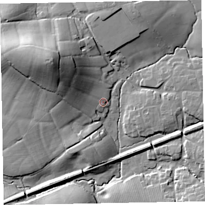 Shaded relief map of the ground around EX52TY, computed from Environment Agency LiDAR. The ground here sits at about 47 m above sea level and falls 40 m across the surrounding 800 m. Surface water reaching this point runs off ground lying to the north-west, 35.0 m higher.