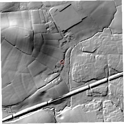Shaded relief map of the ground around EX52TZ, computed from Environment Agency LiDAR. The ground here sits at about 46 m above sea level and falls 40 m across the surrounding 800 m. Surface water reaching this point runs off ground lying to the north-west, 35.0 m higher.