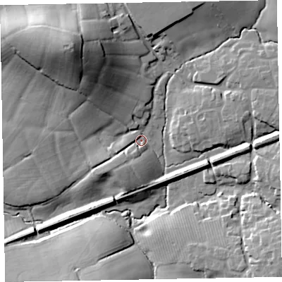 Shaded relief map of the ground around EX52UA, computed from Environment Agency LiDAR. The ground here sits at about 44 m above sea level and falls 40 m across the surrounding 800 m. Surface water reaching this point runs off ground lying to the south-west, 10.3 m higher.
