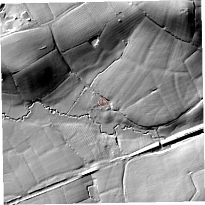 Shaded relief map of the ground around EX52UB, computed from Environment Agency LiDAR. The ground here sits at about 39 m above sea level and falls 44 m across the surrounding 800 m. Surface water reaching this point runs off ground lying to the north-east, 17.3 m higher.