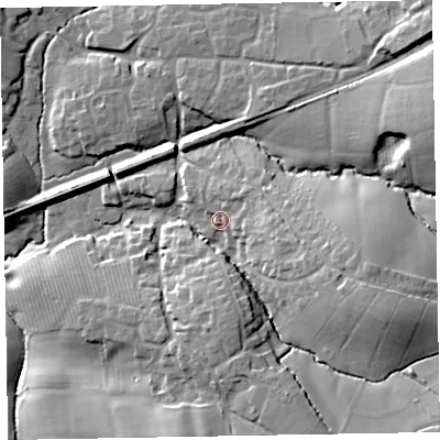 Shaded relief map of the ground around EX52UF, computed from Environment Agency LiDAR. The ground here sits at about 52 m above sea level and falls 26 m across the surrounding 800 m. Surface water reaching this point runs off ground lying to the east-south-east, 8.5 m higher.