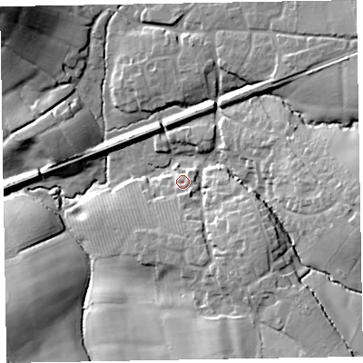 Shaded relief map of the ground around EX52UU, computed from Environment Agency LiDAR. The ground here sits at about 48 m above sea level and falls 28 m across the surrounding 800 m. Surface water reaching this point runs off ground lying to the south, 6.1 m higher.