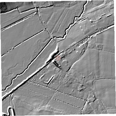 Shaded relief map of the ground around EX53AS, computed from Environment Agency LiDAR. The ground here sits at about 14 m above sea level and falls 8 m across the surrounding 800 m. Surface water reaching this point runs off ground lying to the east, 3.0 m higher.