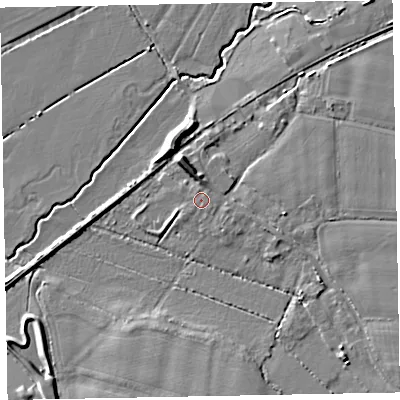 Shaded relief map of the ground around EX53AT, computed from Environment Agency LiDAR. The ground here sits at about 14 m above sea level and falls 8 m across the surrounding 800 m. Surface water reaching this point runs off ground lying to the north, 1.6 m higher.