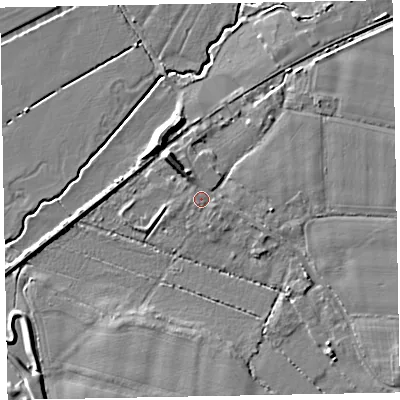 Shaded relief map of the ground around EX53AU, computed from Environment Agency LiDAR. The ground here sits at about 14 m above sea level and falls 8 m across the surrounding 800 m. Surface water reaching this point runs off ground lying to the north-north-west, 1.2 m higher.