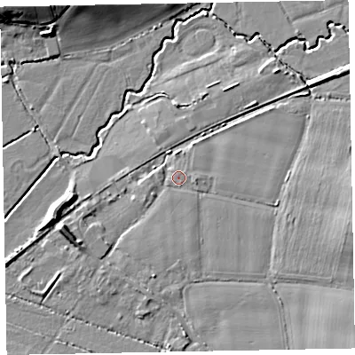Shaded relief map of the ground around EX53AX, computed from Environment Agency LiDAR. The ground here sits at about 16 m above sea level and falls 10 m across the surrounding 800 m. Surface water reaching this point runs off ground lying to the east-south-east, 2.6 m higher.