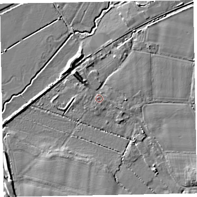 Shaded relief map of the ground around EX53AY, computed from Environment Agency LiDAR. The ground here sits at about 15 m above sea level and falls 8 m across the surrounding 800 m. Surface water reaching this point runs off ground lying to the north-west, 1.1 m higher.