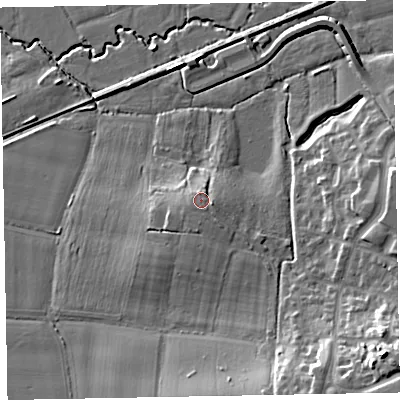 Shaded relief map of the ground around EX53BA, computed from Environment Agency LiDAR. The ground here sits at about 22 m above sea level and falls 22 m across the surrounding 800 m. Surface water reaching this point runs off ground lying to the east-south-east, 2.7 m higher.