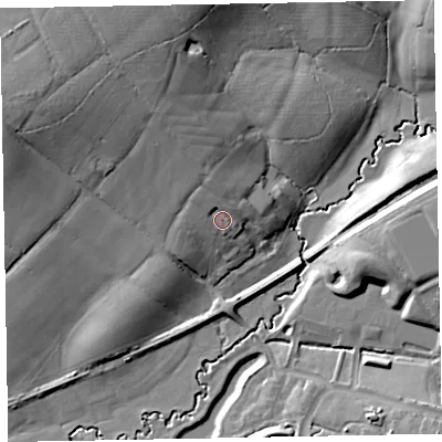 Shaded relief map of the ground around EX53BD, computed from Environment Agency LiDAR. The ground here sits at about 29 m above sea level and falls 23 m across the surrounding 800 m. Surface water reaching this point runs off ground lying to the north-west, 3.2 m higher.