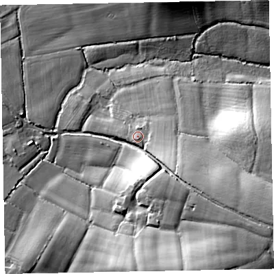 Shaded relief map of the ground around EX53BN, computed from Environment Agency LiDAR. The ground here sits at about 26 m above sea level and falls 21 m across the surrounding 800 m. Surface water reaching this point runs off ground lying to the east-south-east, 4.9 m higher.