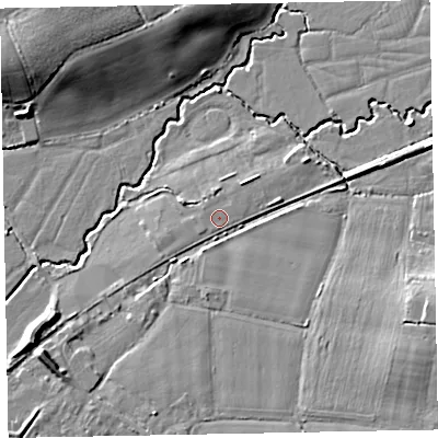 Shaded relief map of the ground around EX53BS, computed from Environment Agency LiDAR. The ground here sits at about 16 m above sea level and falls 14 m across the surrounding 800 m. Surface water reaching this point runs off ground lying to the east-north-east, 2.0 m higher.