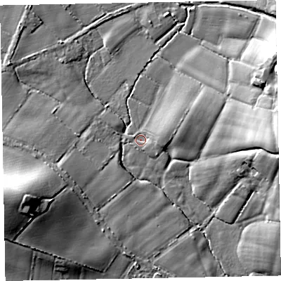 Shaded relief map of the ground around EX53BW, computed from Environment Agency LiDAR. The ground here sits at about 18 m above sea level and falls 18 m across the surrounding 800 m. Surface water reaching this point runs off ground lying to the east-north-east, 3.9 m higher.