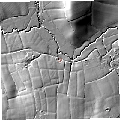 Shaded relief map of the ground around EX53DF, computed from Environment Agency LiDAR. The ground here sits at about 26 m above sea level and falls 23 m across the surrounding 800 m. Surface water reaching this point runs off ground lying to the south, 17.3 m higher.