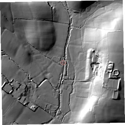 Shaded relief map of the ground around EX53DJ, computed from Environment Agency LiDAR. The ground here sits at about 34 m above sea level and falls 39 m across the surrounding 800 m. Surface water reaching this point runs off ground lying to the east-north-east, 35.2 m higher.