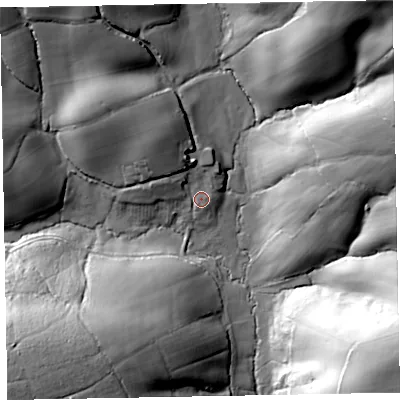Shaded relief map of the ground around EX53DN, computed from Environment Agency LiDAR. The ground here sits at about 52 m above sea level and falls 49 m across the surrounding 800 m. Surface water reaching this point runs off ground lying to the north-north-west, 15.2 m higher.